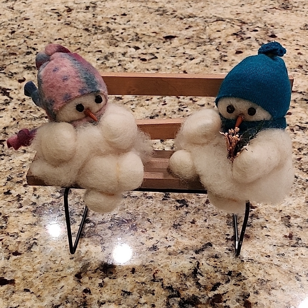 Two Plush Wooly Snowmen On A Bench Decoration